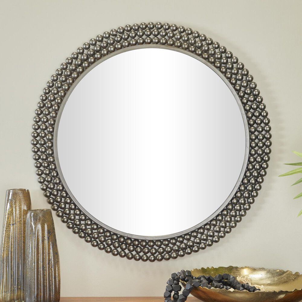 Maple and Jade 32&quot; Round Metal Wall Mirror with Beaded Detailing in Black, , large