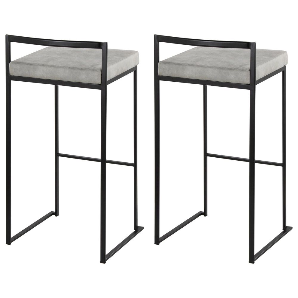 LumiSource Fuji 34" Stacker Bar Stool with Light Grey Cowboy Upholstery in Black (Set of 2), , large