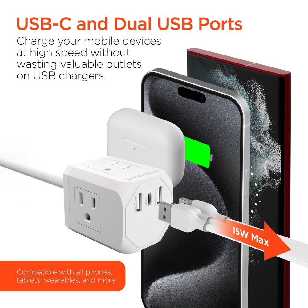 Hypercel Cube Multi-Port Power Strip with Extension Cord in White, , large
