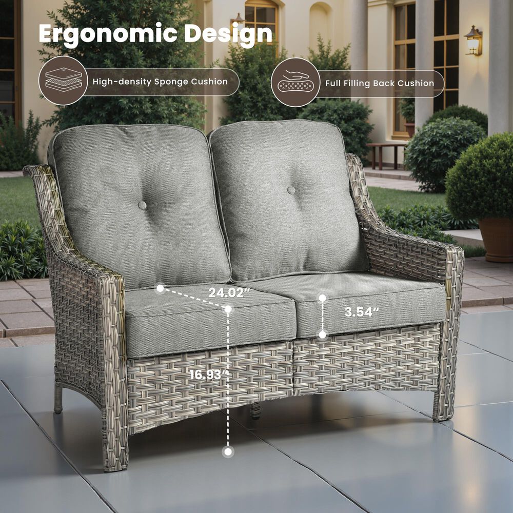 HOMLUX Outdoor Rattan Loveseat with Ergonomic Backrest in Dark Gray, , large