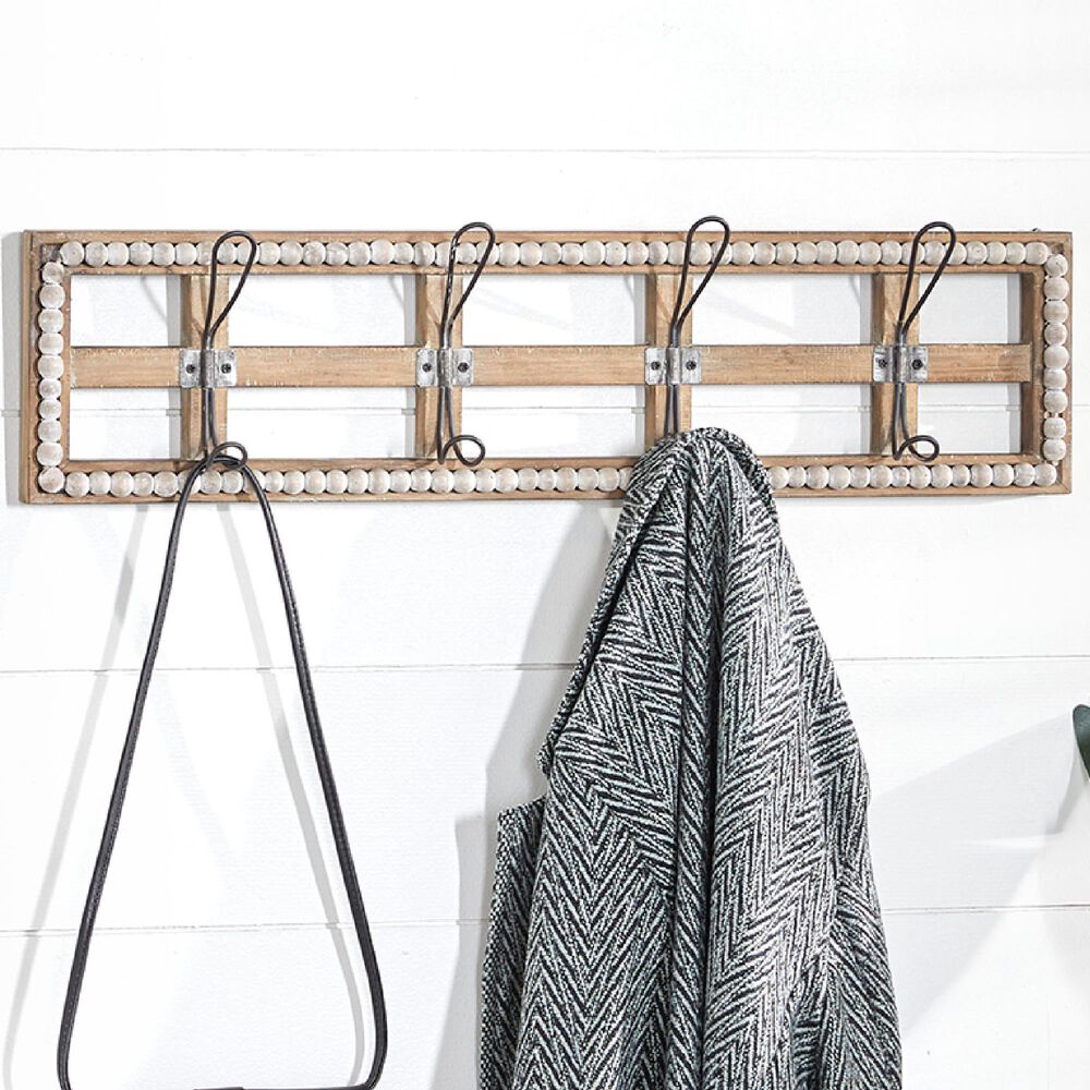 Maple and Jade 26&quot; x 7&quot; Wall Hook in Distressed White and Natural Brown, , large