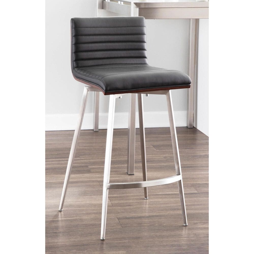 Lumisource Mason Swivel Counter Stool with Black Cushion in Stainless Steel and Walnut &#40;Set of 2&#41;, , large