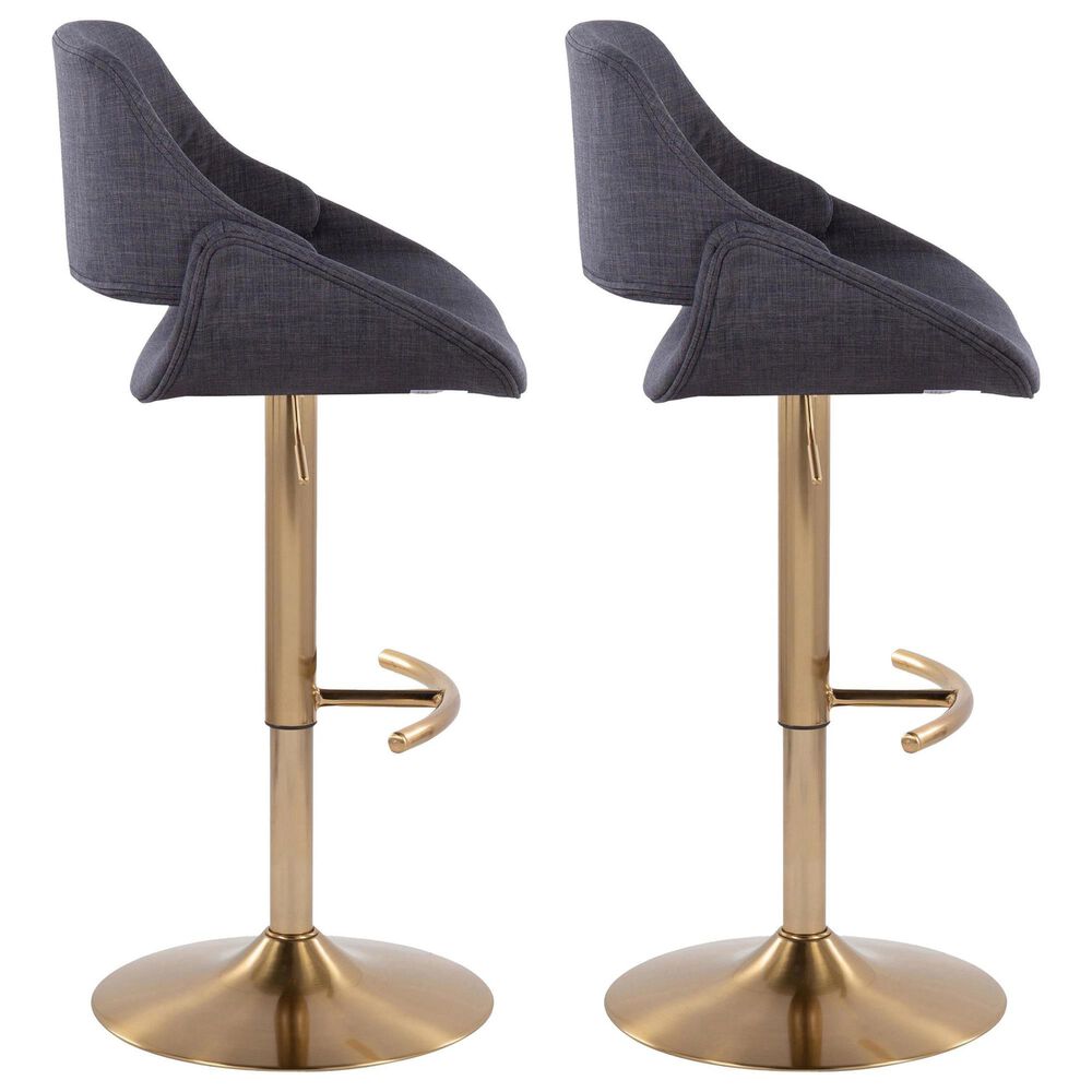 LumiSource Fabrico Swivel Adjustable Bar Stool with Charcoal Noise Fabric Upholstery and Rounded T Footrest in Gold (Set of 2), , large