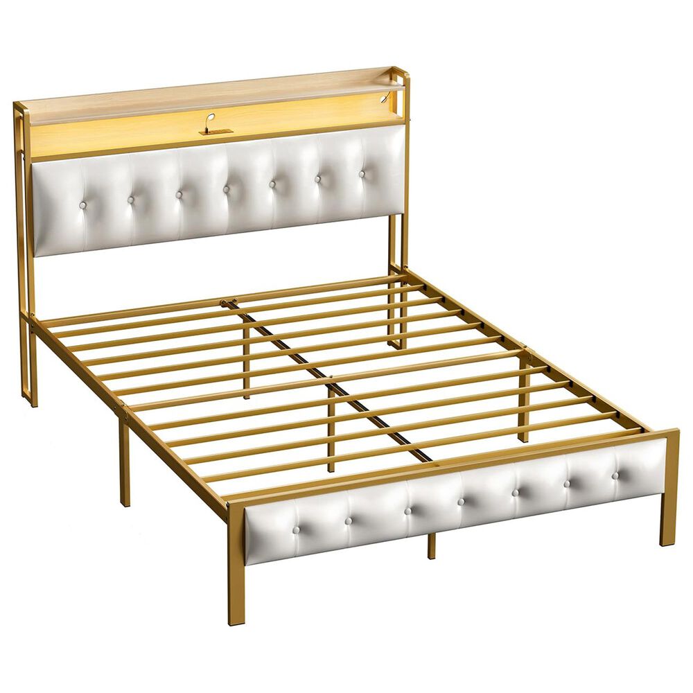 HOMLUX Queen Upholstered Bookcase Bed with LED Headboard with Charging Station in White, , large