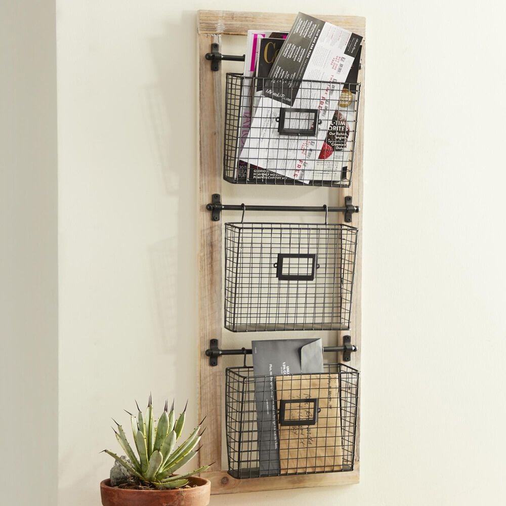 Maple and Jade 3-Slot Decorative Magazine Rack Holder with Suspended Baskets and Label Slot in Matte Black and Brown, , large