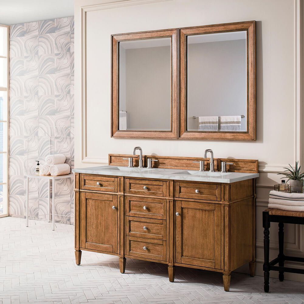 James Martin Vanities Brittany 60&quot; Double Bathroom Vanity in Saddle Brown with 3 cm Victorian Silver Quartz Top and Rectangular Sinks, , large