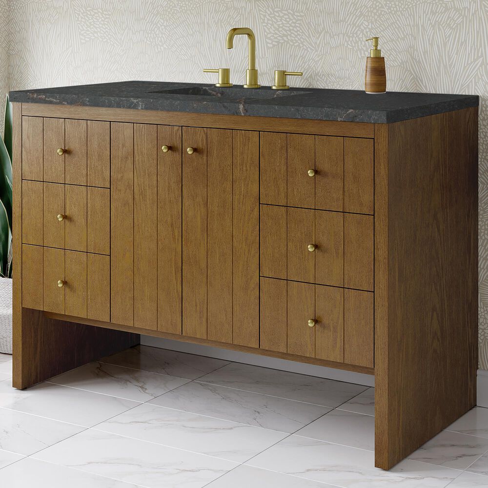 James Martin Hudson 48" Single Bathroom Vanity in Honey Oak with 3 cm Parisien Bleu Silestone Top, Rectangular Sink and FreePower Wireless Charger, , large
