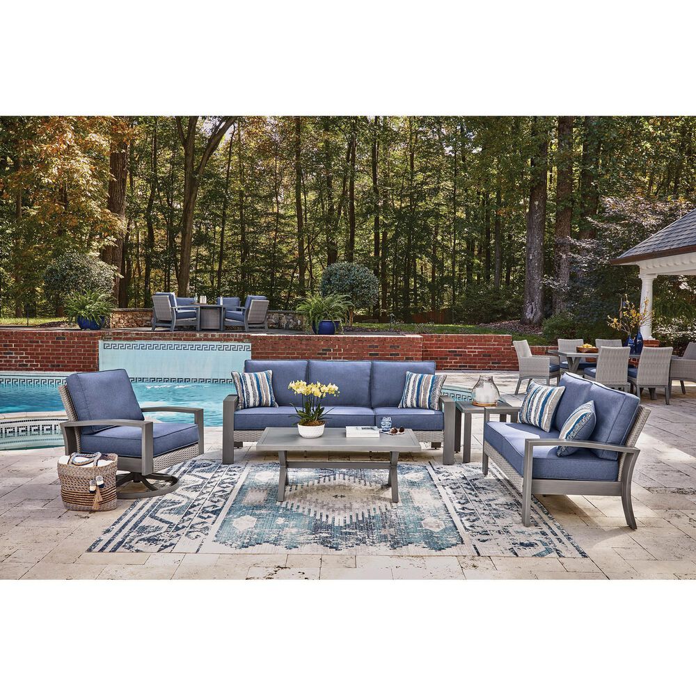 Ashley Half Moon Beach Stationary Loveseat with Blue Cushions in Gray, , large