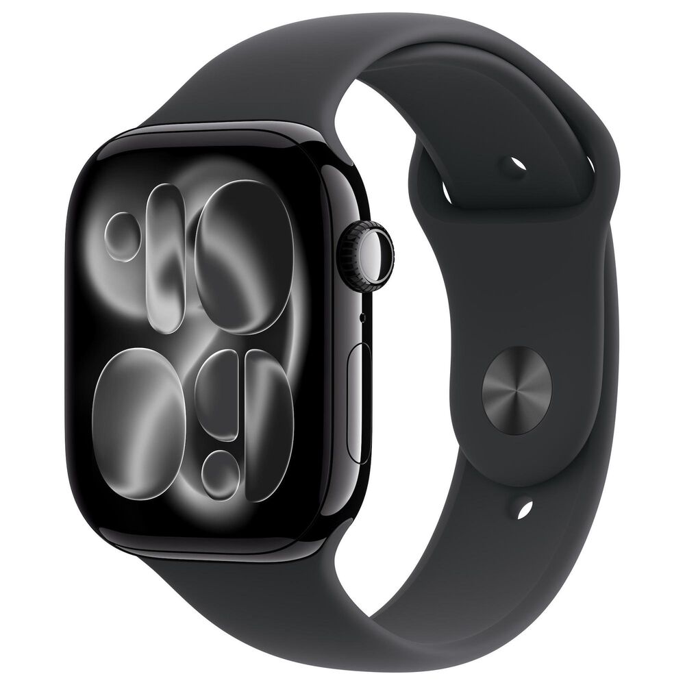 Apple Watch Series 11 (GPS+Cellular) 46mm Aluminum Case with Black Sport Band - M/L in Jet Black and 2-Year AppleCare+, , large
