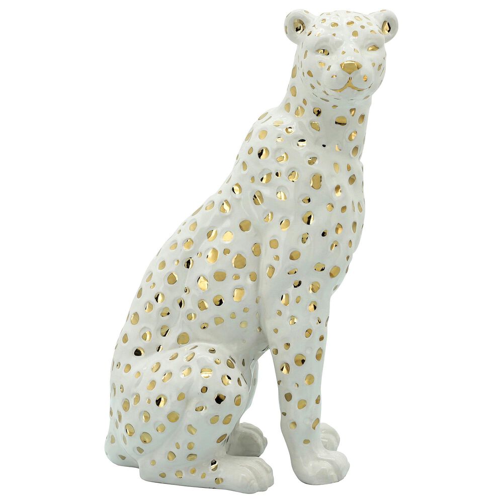 Sagebrook Home 11" Sitting Leopard Figurine in Gold and White, , large
