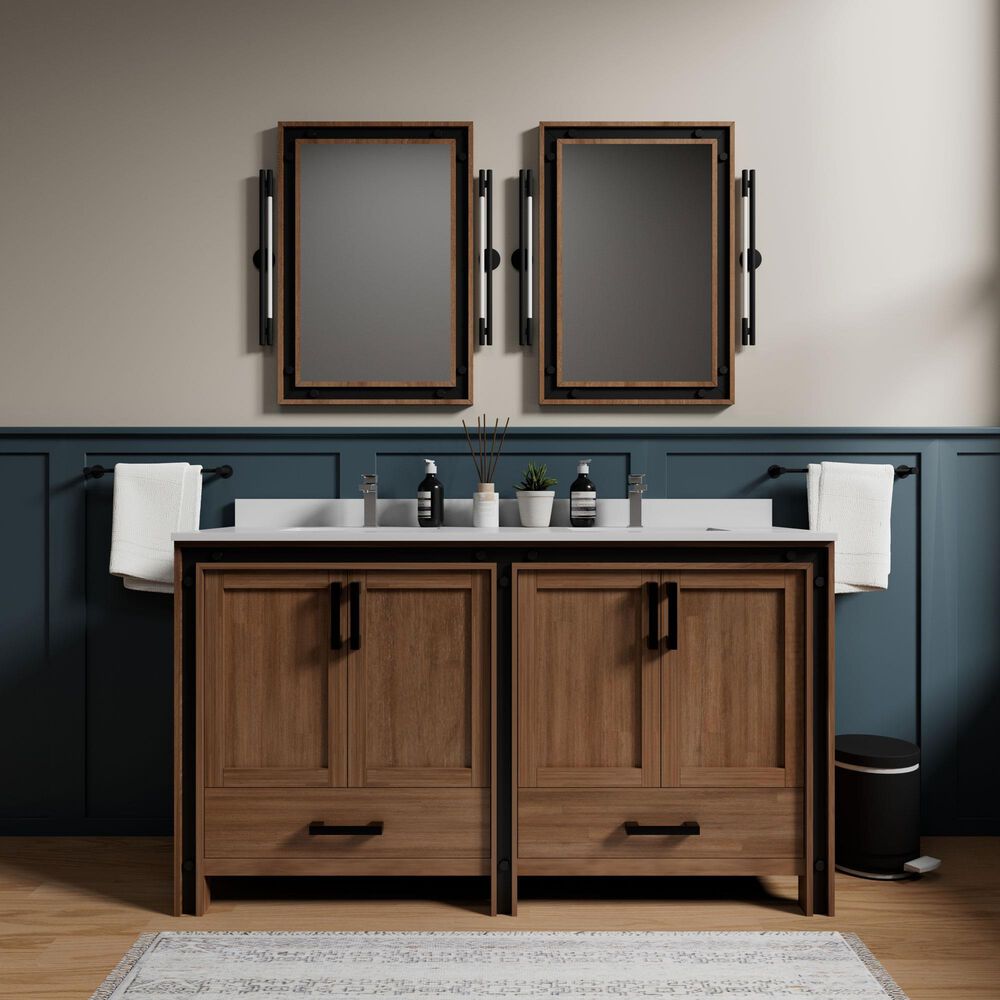 Lexora Home Ziva 60" Double Bathroom Vanity in Rustic Barnwood with 2 cm White Quartz Top and Rectangular Sinks, , large