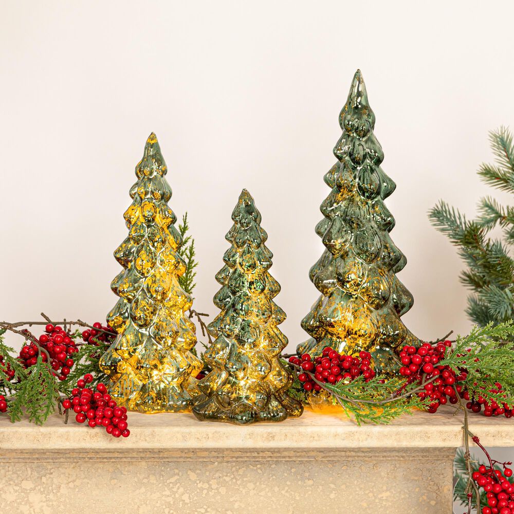Creative Coop Glass Christmas Trees with LED in Green (Set of 3), , large