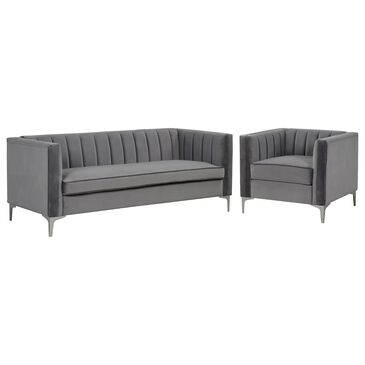 Morden Fort Channel Tufted 2-Piece Stationary Chair and Sofa in Grey Velvet, , large