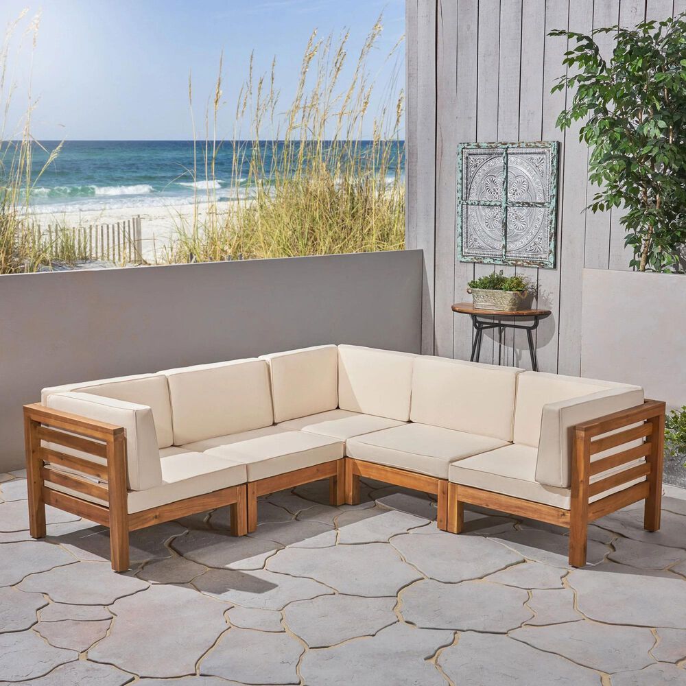 Noble House Kaena 5-Piece Stationary Patio L-Shaped Sectional Sofa Set in Beige, , large