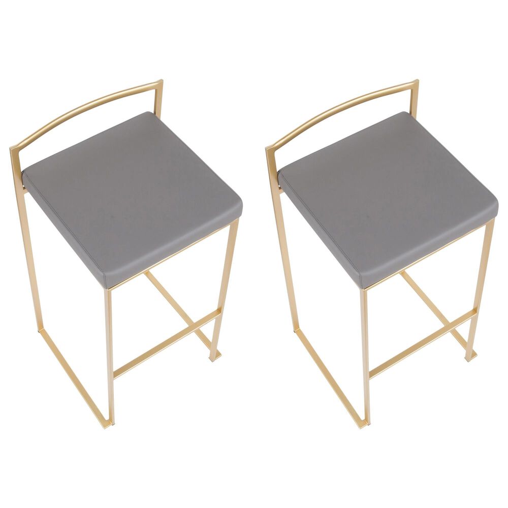 Lumisource Fuji Stackable Barstool with Grey Faux Leather in Gold (Set of 2), , large