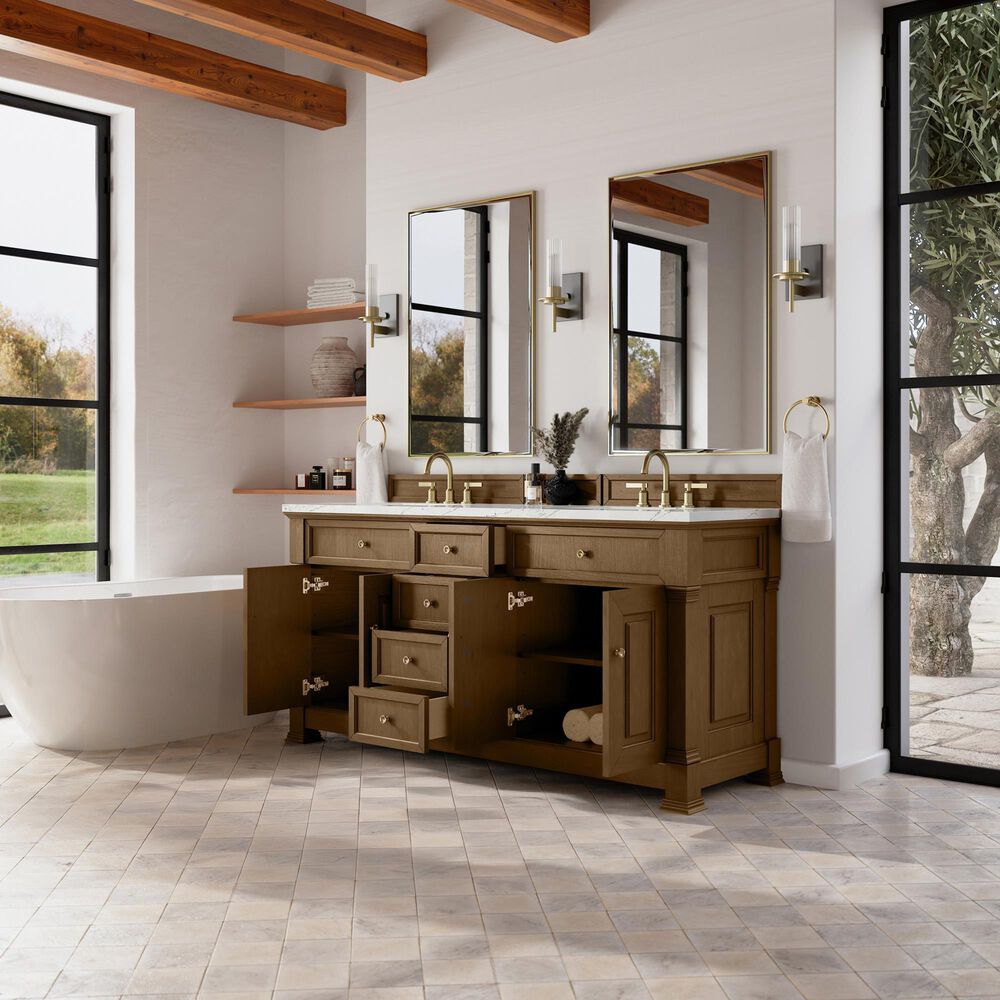 James Martin Vanities Brookfield 72&quot; Double Bathroom Vanity in Honey Oak with 3cm Ethereal Noctis Quartz Top and Rectangular Sinks, , large