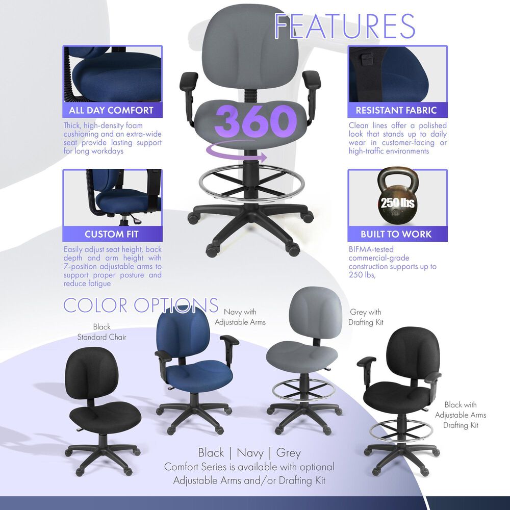 Regency Global Sourcing Comfort Series Swivel Computer Task Chair with Adjustable Arms and Drafting Kit in Grey, , large
