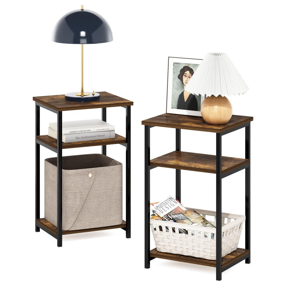 HOMLUX 3-Tier Metal Frame End Table with Storage Shelves in Amber Pine and Black (Set of 2), , large
