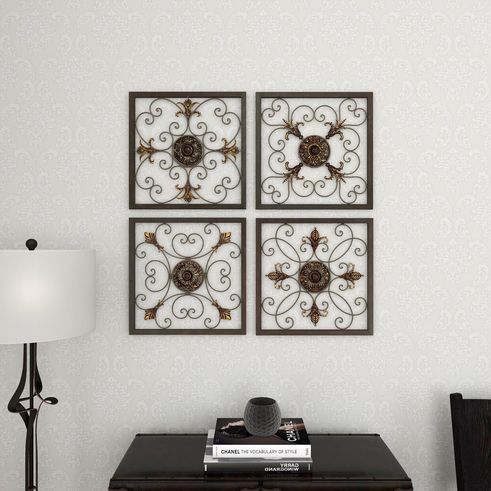 Maple and Jade 16&quot; x 16&quot; Rustic Wall Decor in Gold and Black &#40;Set of 4&#41;, , large