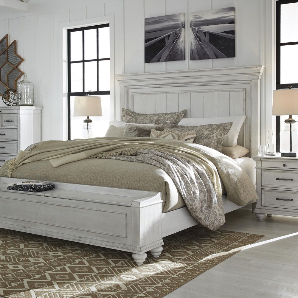 Ashley Kanwyn 3-Piece King Panel Bed Set with Storage Bench in Whitewash, , large