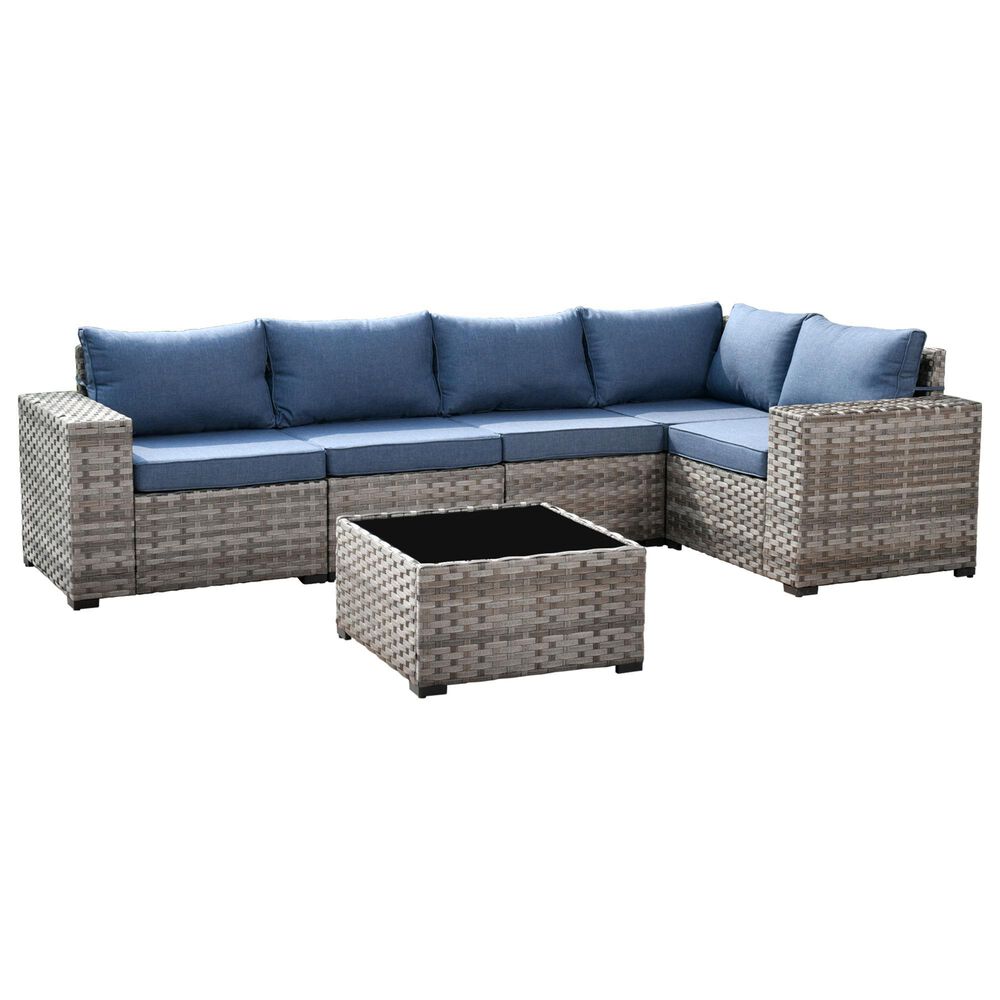 HOMLUX 6 Piece Outdoor Wicker Sectional Patio Furniture Set in Denim Blue, , large