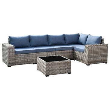 HOMLUX 6 Piece Outdoor Wicker Sectional Patio Furniture Set in Denim Blue, , large