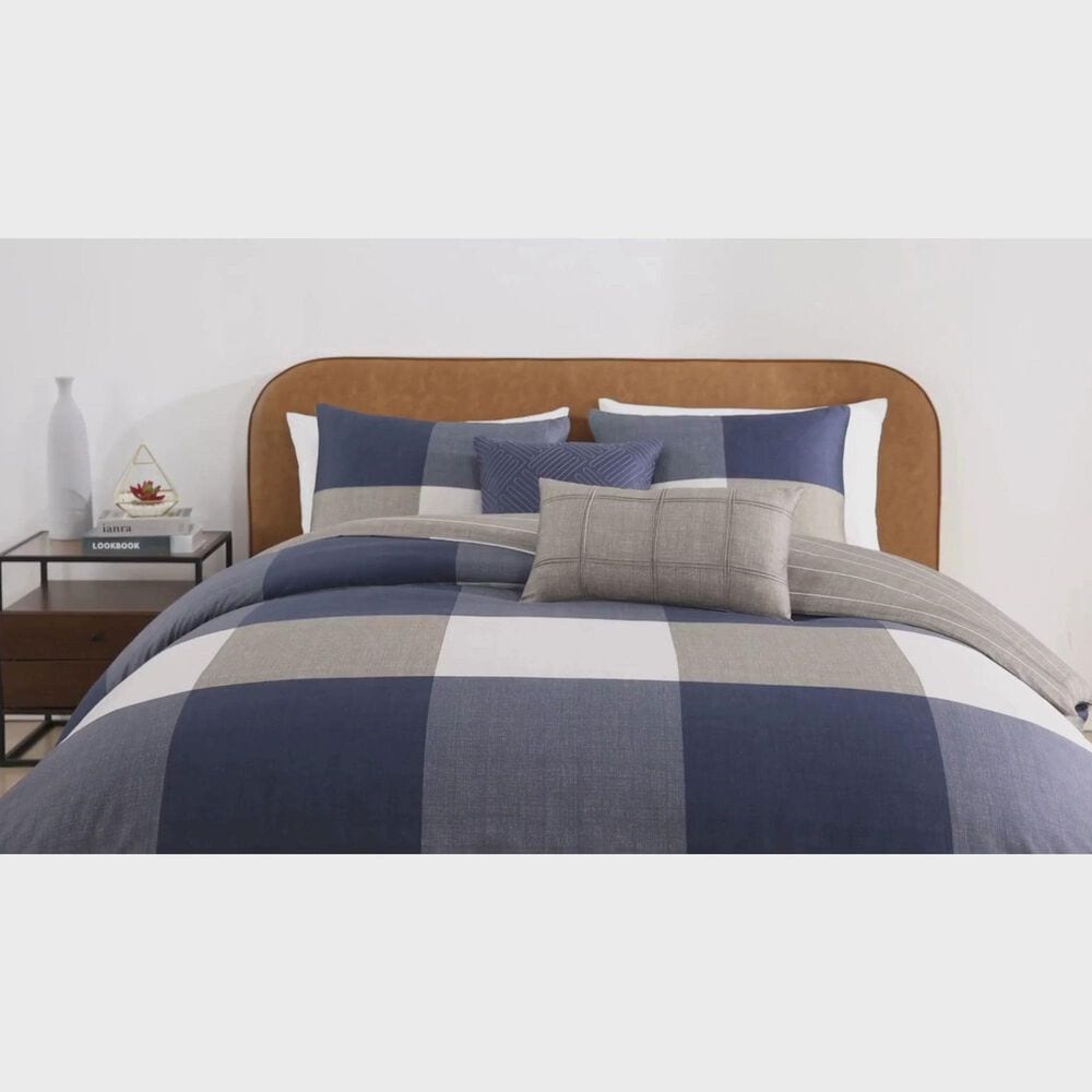 Bebejan 5-Piece King Checkered Comforter Set in Navy and Tan, , large