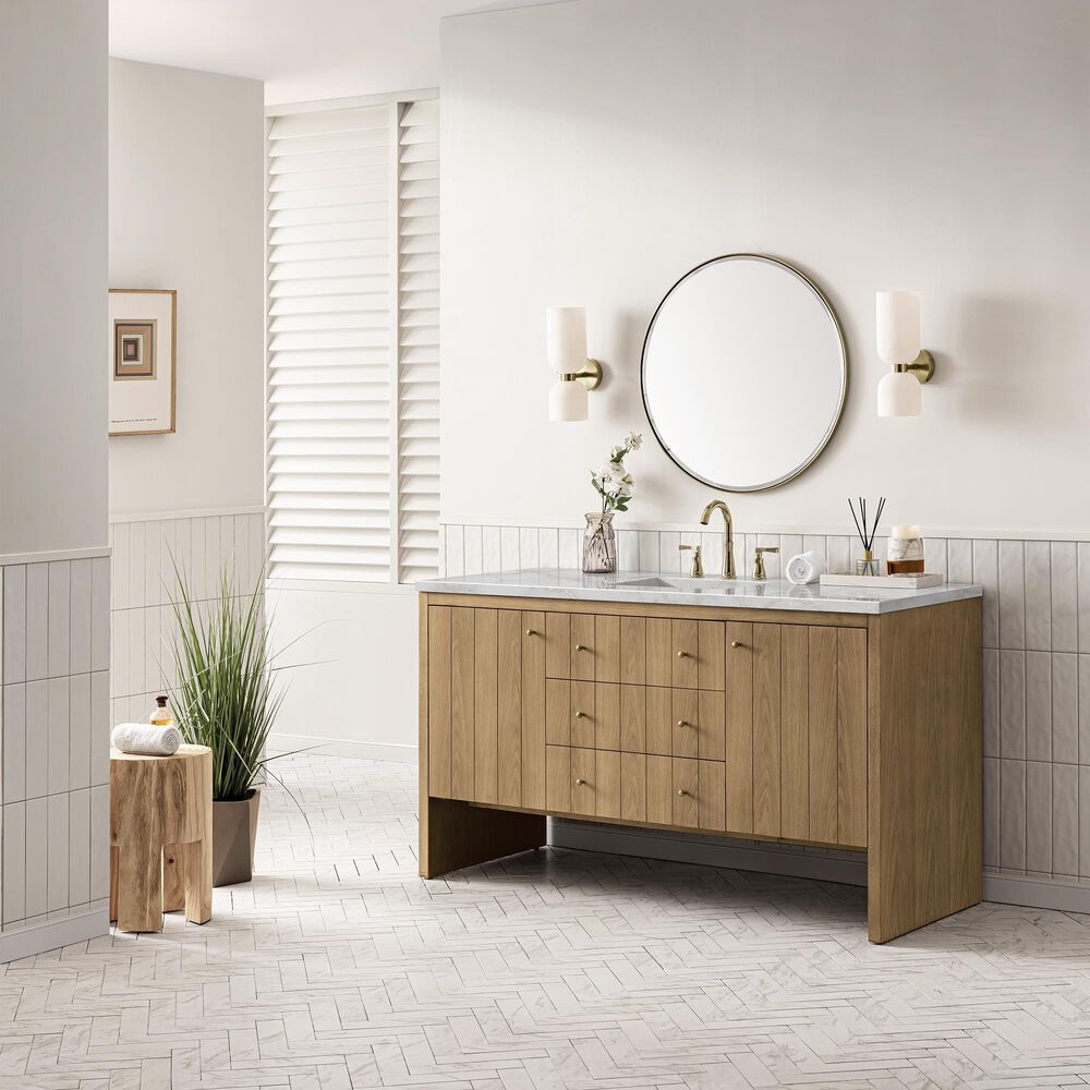 James Martin Vanities Hudson 60" Single Bathroom Vanity in Light Natural Oak with 3 cm Victorian Silver Quartz Top and Rectangular Sink, , large