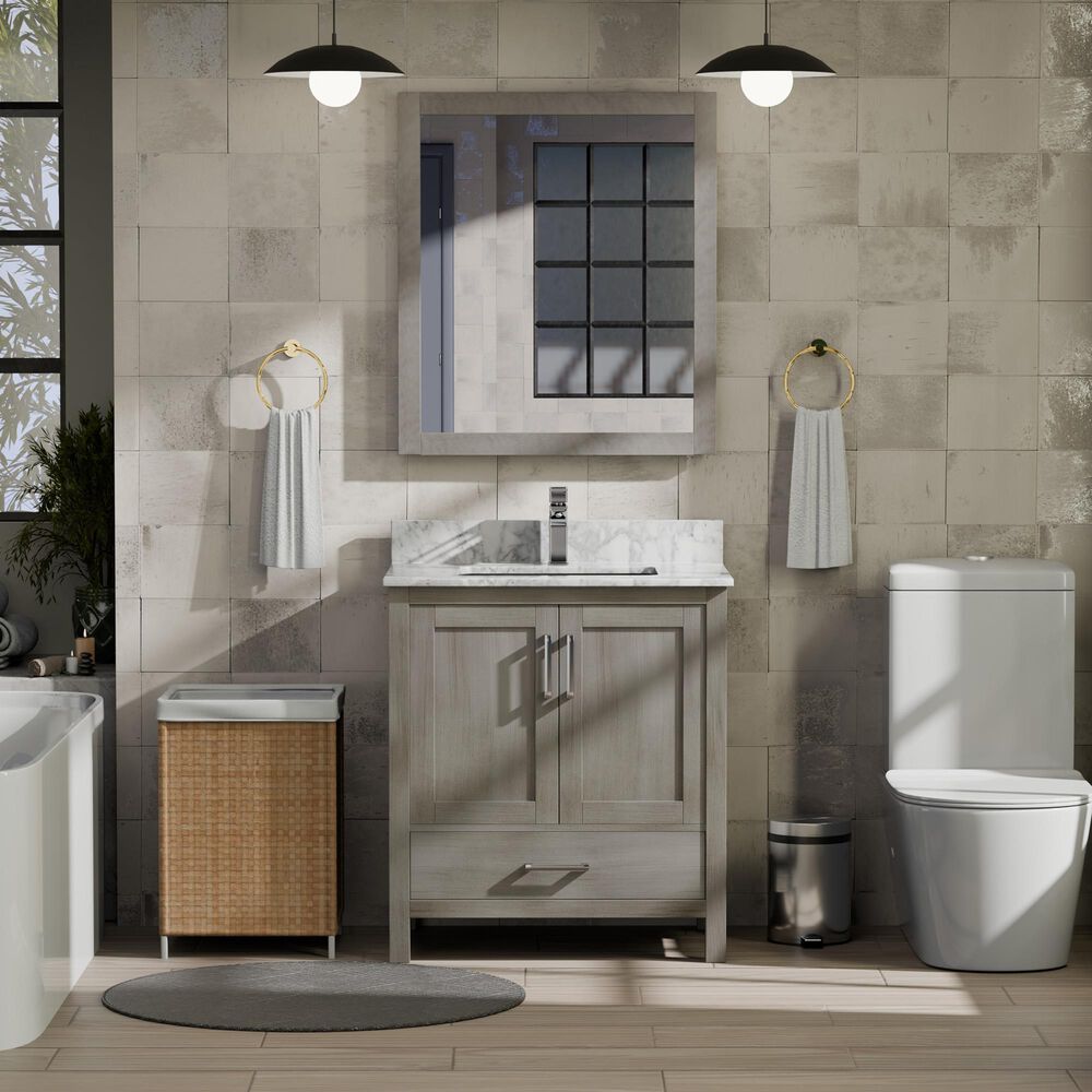 Lexora Home Jacques 30" Single Bathroom Vanity in Distressed Grey with 2 cm White Carrara Marble Top and Rectangular Sink, , large