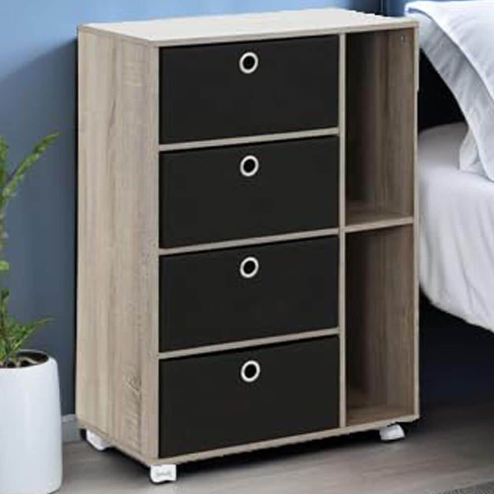 HOMLUX Multipurpose Storage Bookshelf Cabinet with 4 Bin Drawers in French Oak and Black, , large