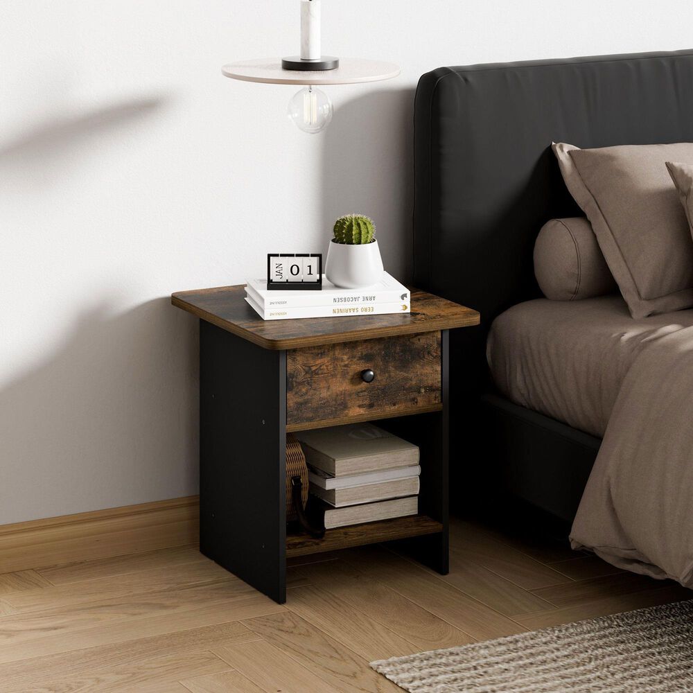 HOMLUX 1-Drawer Modern Nightstand with Open Shelf in Amber Pine and Black, , large