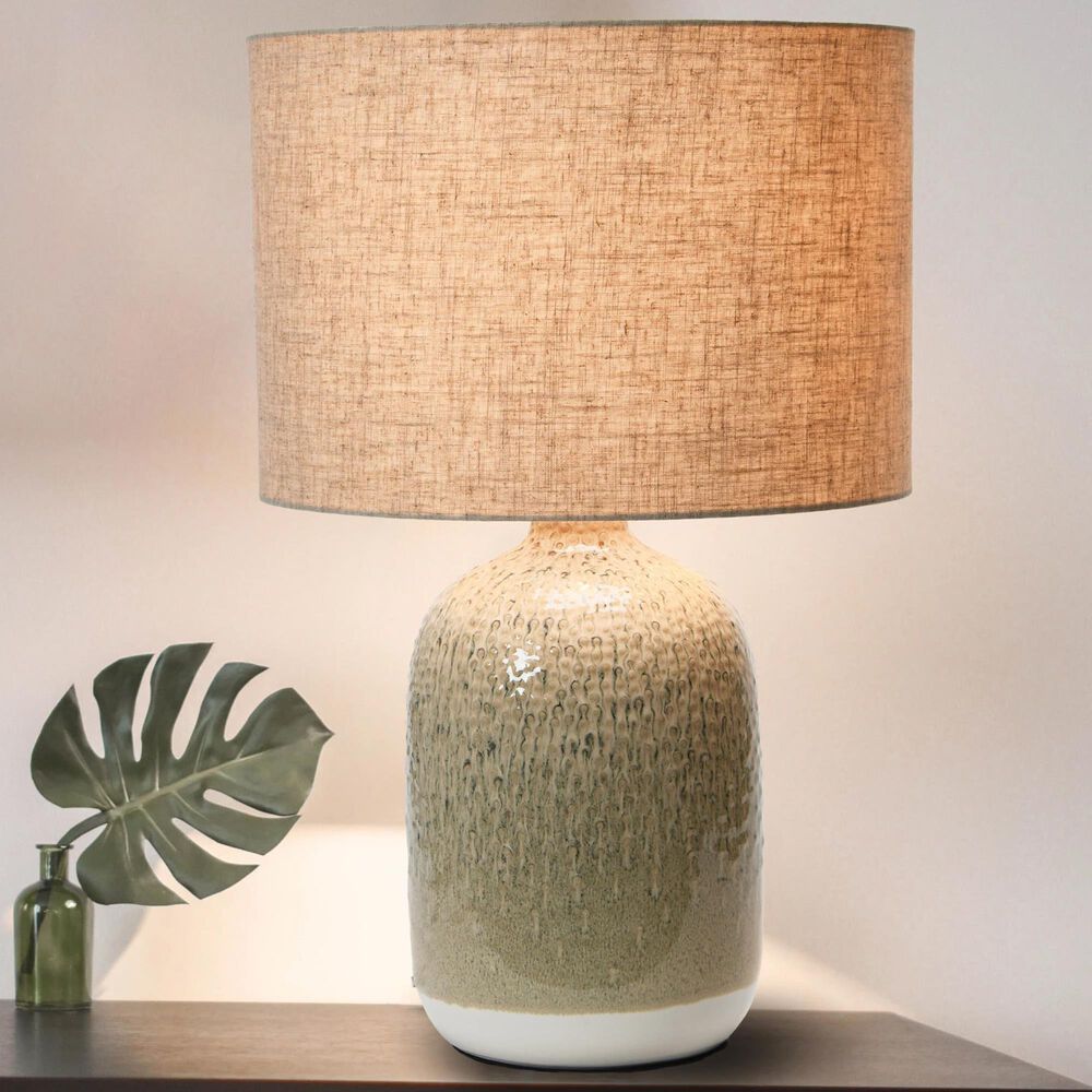 Teak Interiors Stoneware Table Lamp with Linen Shade in Taupe Reactive Glaze, , large
