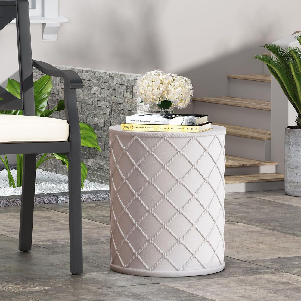 Hearth and Haven Outdoor Round End Table with Diamond Lattice Texture in Antique White, , large