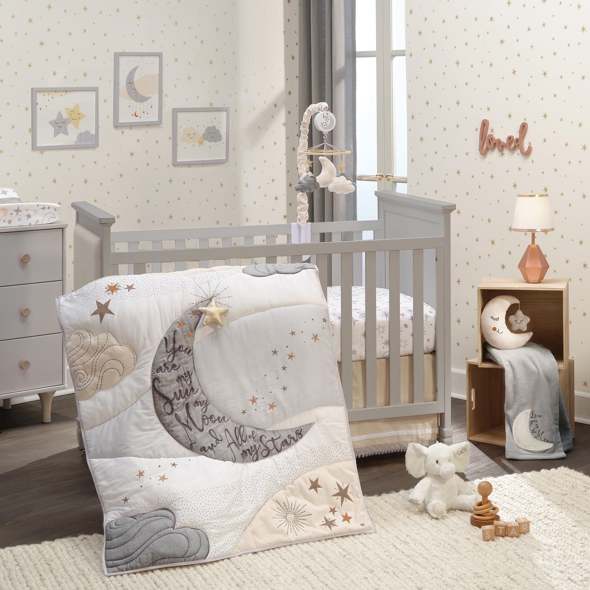 Lambs and Ivy Goodnight Moon 3 Piece Crib Bedding Set in White Gray and Copper NFM