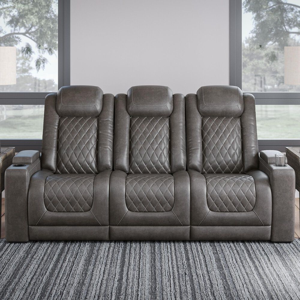 Ashley HyllMont Dual Power Reclining Console Sofa with Power Headrest in Gray, , large