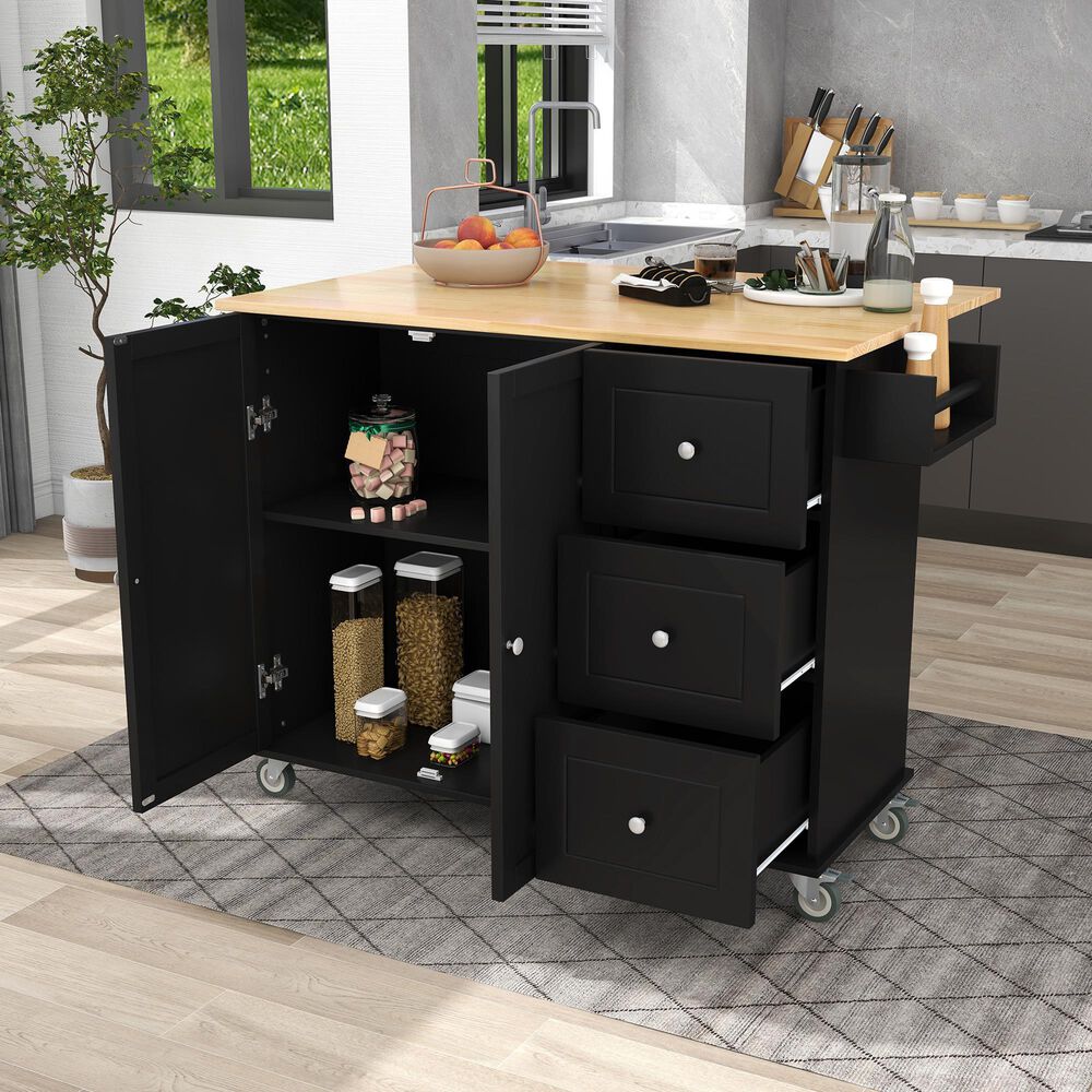 HOMLUX 53" Rolling Mobile Kitchen Island with Solid Wood Top and Locking Wheels in Black, , large