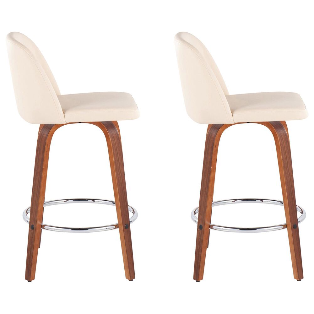 LumiSource Toriano Swivel Counter Stool with Cream Faux Leather Upholstery in Walnut and Chrome (Set of 2), , large