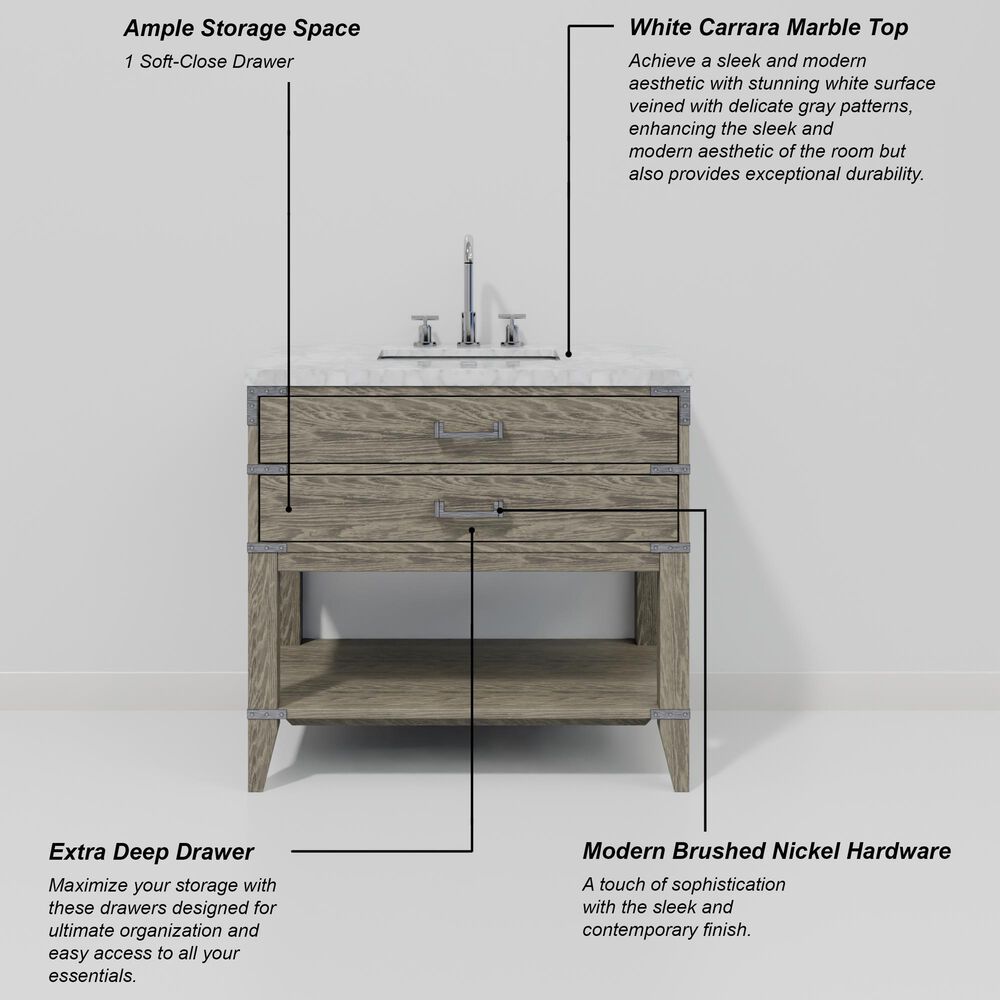 Lexora Home Norwalk 36" Single Bathroom Vanity in Grey Oak with White Carrara Marble Top  and Rectangle Sink, , large