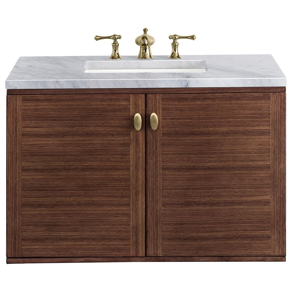 James Martin Vanities Amberly 36&quot; Single Bathroom Vanity in Walnut with 3 cm Carrara White Marble Top and Rectangular Sink, , large