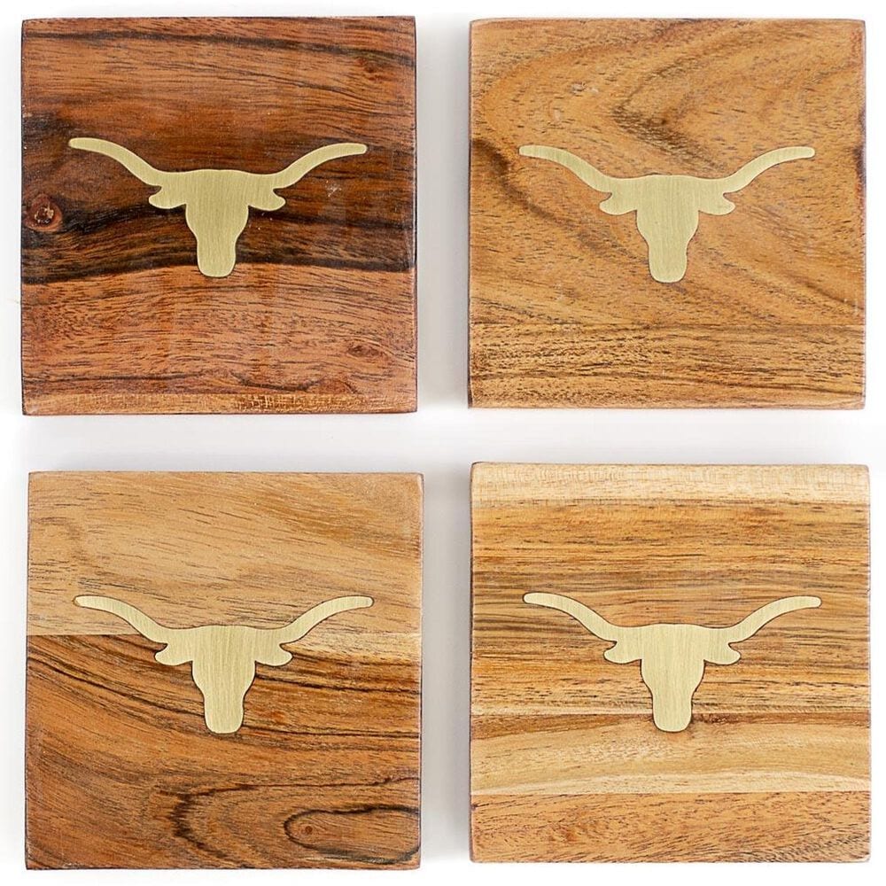The Royal Standard Longhorn Wood Coasters in Natural and Brass (Set of 4), , large
