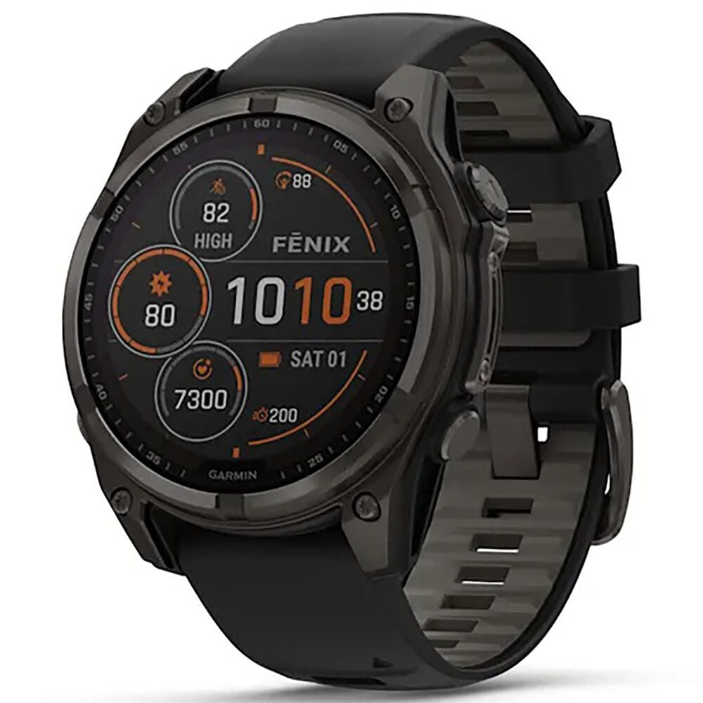 Garmin Fenix 8 Sapphire Solar Smartwatch 47mm Carbon Gray DLC Titanium Case with Black and Pebble Gray Silicone Band, , large