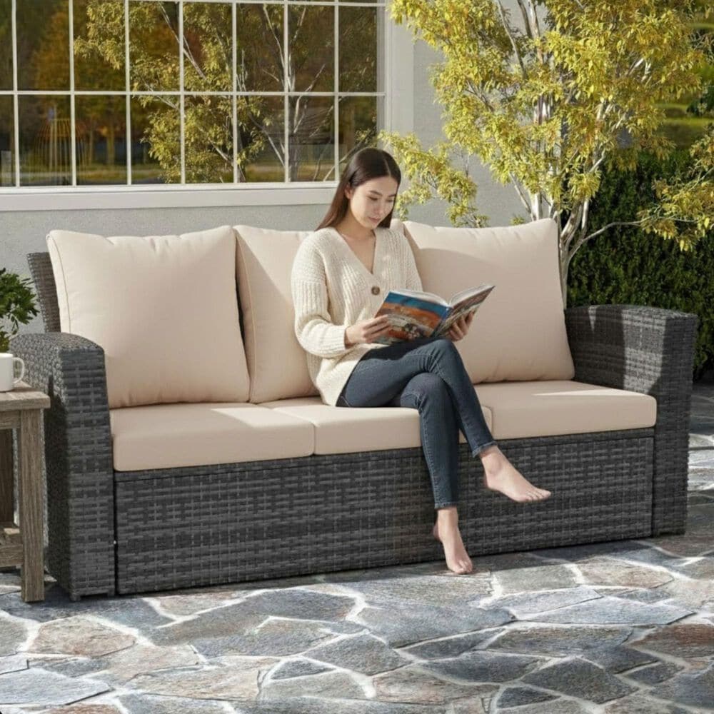 Hearth and Haven Outdoor Sofa with Black Wicker Frame in Beige, , large