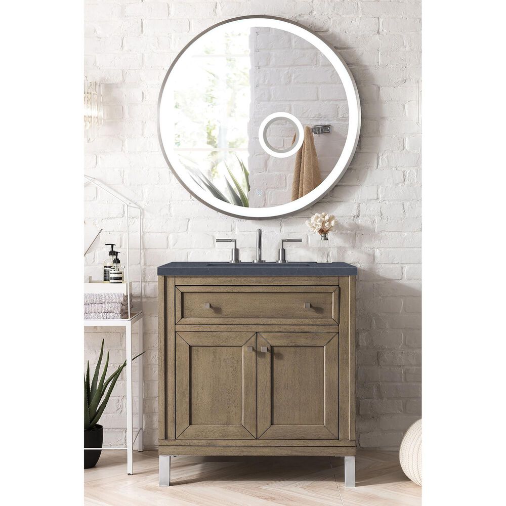 James Martin Vanities Chicago 30&quot; Single Bathroom Vanity in Whitewashed Walnut with 3 cm Charcoal Soapstone Quartz Top and Rectangular Sink, , large