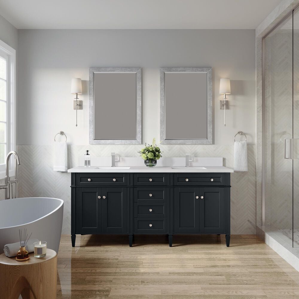 James Martin Vanities Brittany 72&quot; Double Bathroom Vanity in Black Onyx with Single Hole 3 cm White Zeus Quartz Top and Rectangular Sinks, , large