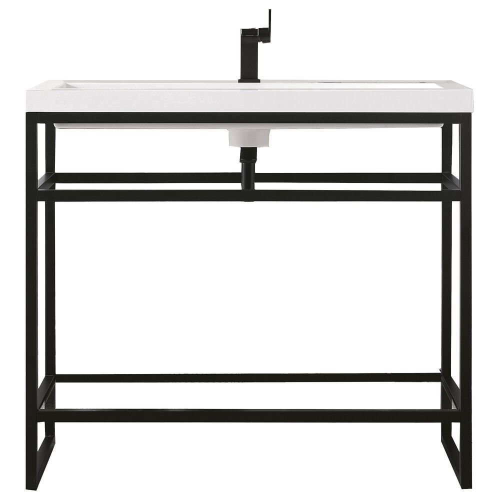 James Martin Vanities Boston 39.5" Single Bathroom Vanity in Matte Black with 3 cm White Glossy Resin Countertop and Rectangular Sink, , large