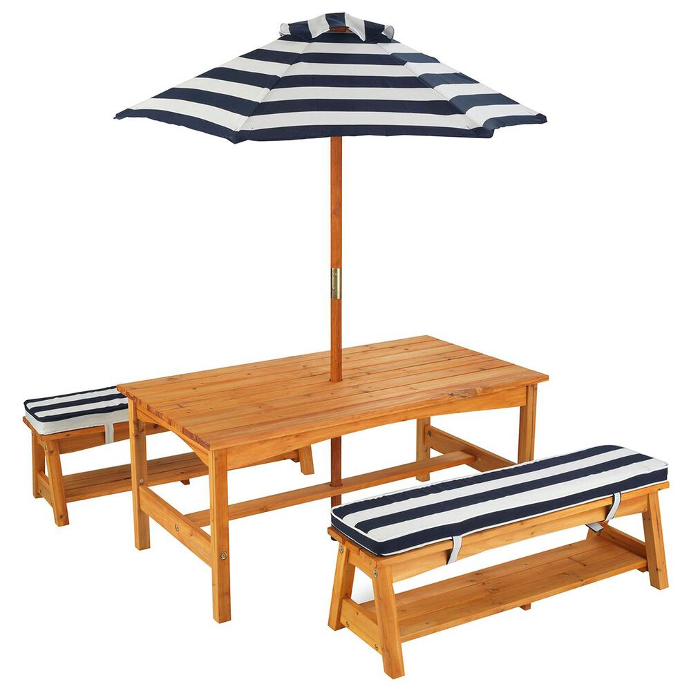 Kidkraft Outdoor Table & Bench Set with Cushions & Umbrella in Navy/White Stripes, , large