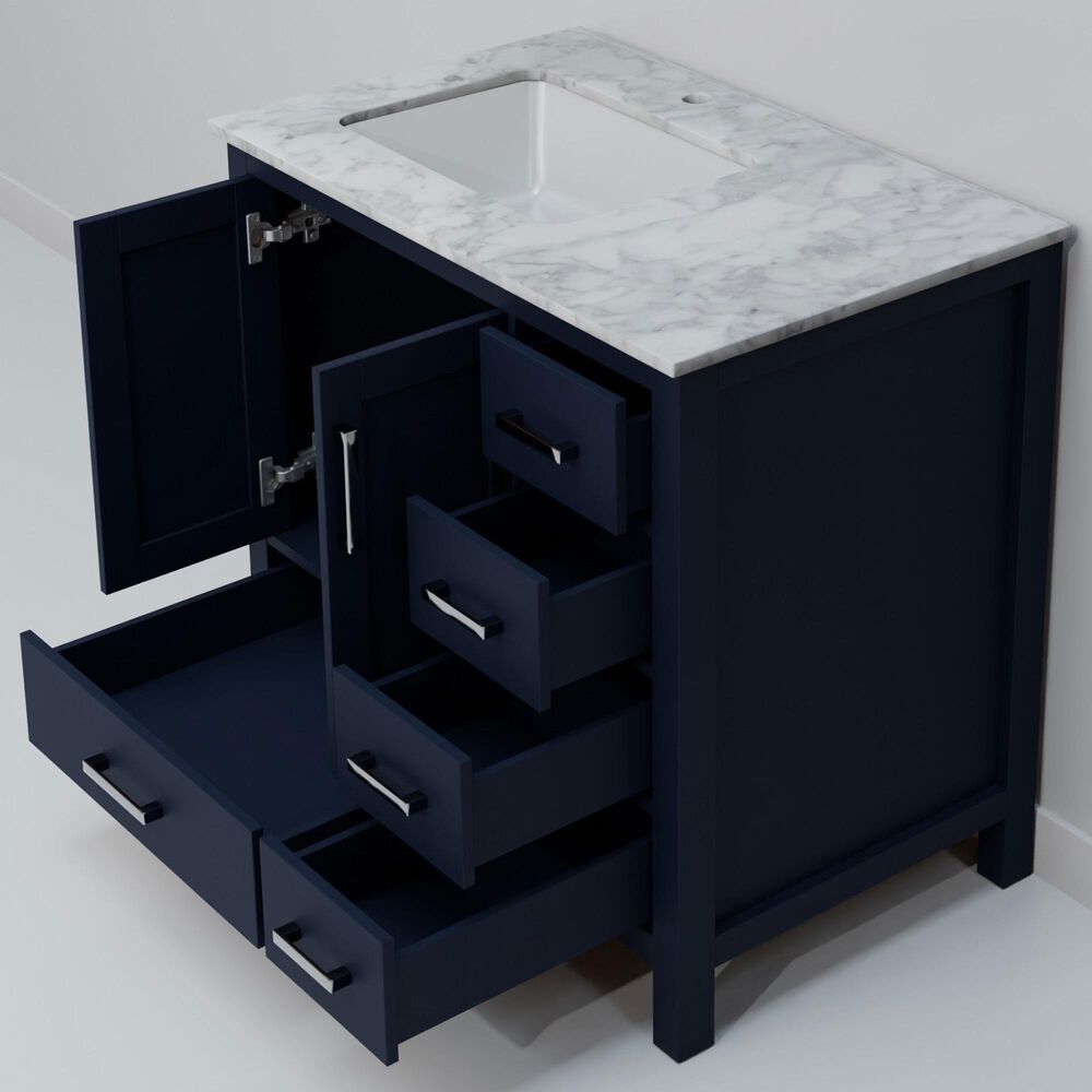 Lexora Home Jacques 36" Left Offset Single Bathroom Vanity in Navy Blue with 2 cm White Carrara Marble Top and Rectangular Sink, , large