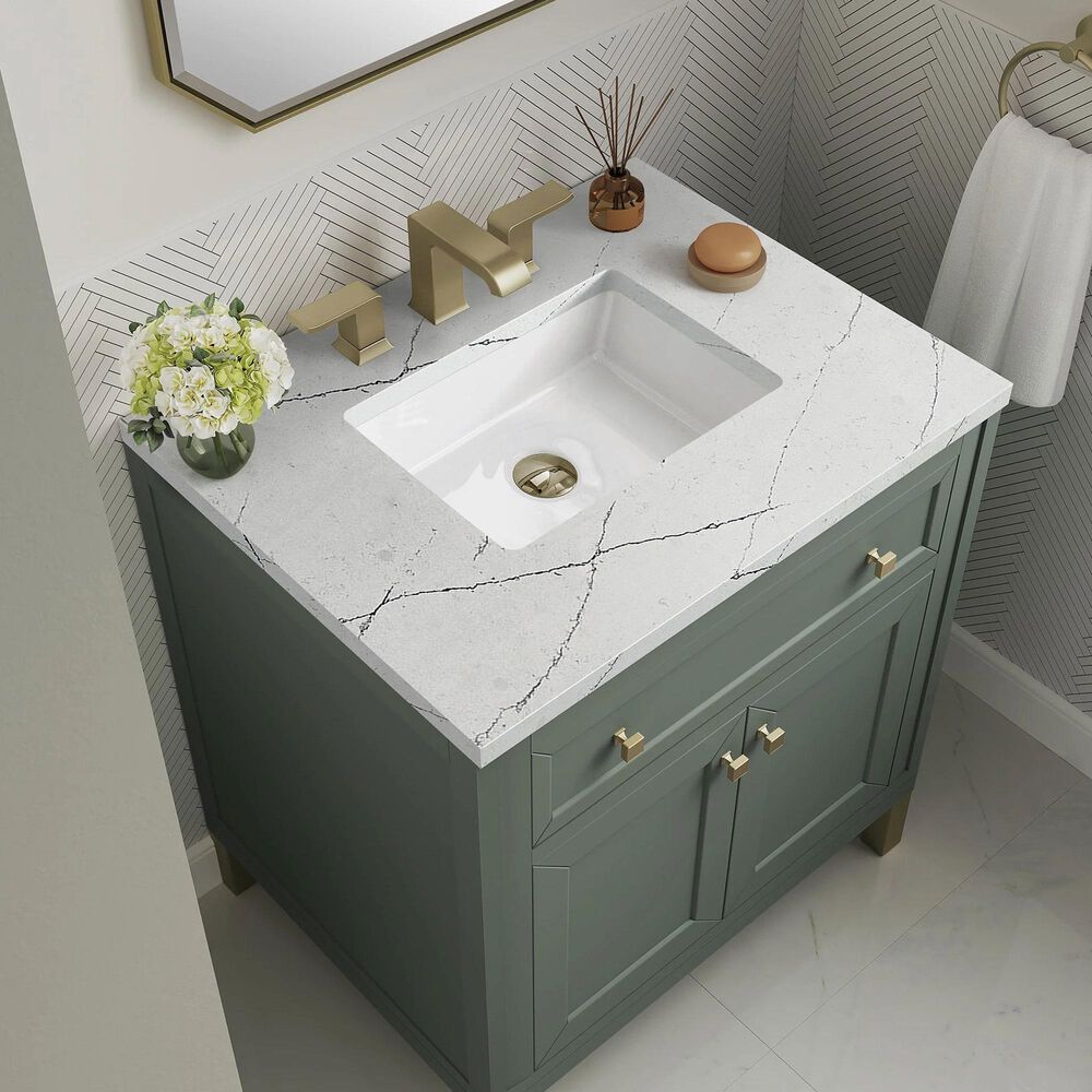 James Martin Vanities Chicago 30&quot; Single Bathroom Vanity in Smokey Celadon with 3 cm Ethereal Noctis Quartz Top and Rectangular Sink, , large