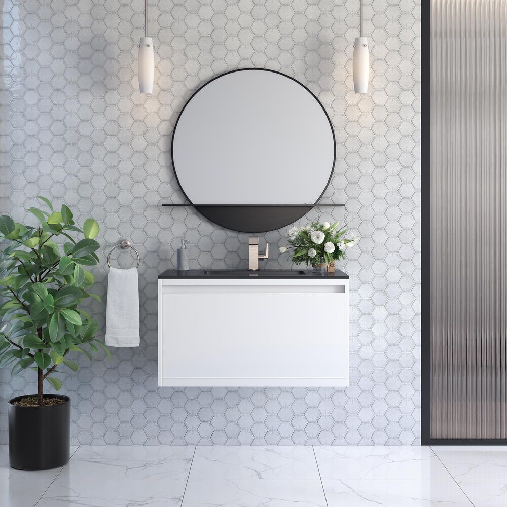 James Martin Vanities Mantova 35.4&quot; Single Bathroom Vanity in Glossy White and Brushed Nickel with 2 cm Charcoal Black Resin Countertop and Rectangular Sink, , large
