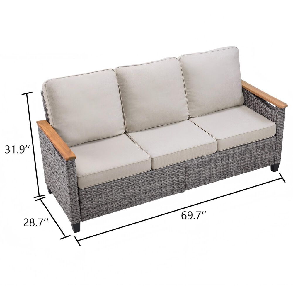 Sunwell Garden 32"H 3-Seater Outdoor Sofa with Acacia Wood Armrests and Beige Cushions in Gray, , large